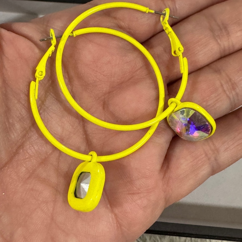 Neon Yellow Hoop Earrings with Crystal Charm – Trendy & Fun - Picture 3 of 3